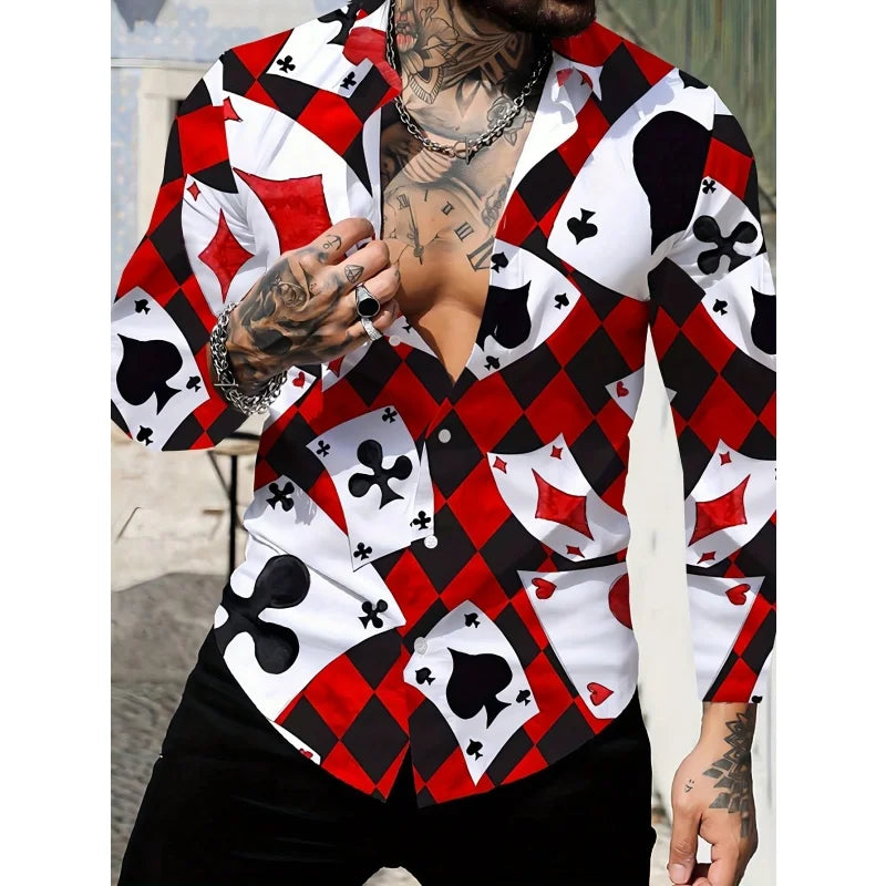 Poker Blocks Pattern Hawaiian Shirts For Men Red Peaches 3D Print Blouse Casual Loose Aloha Shirts Long Sleeve Lapel Button Tops