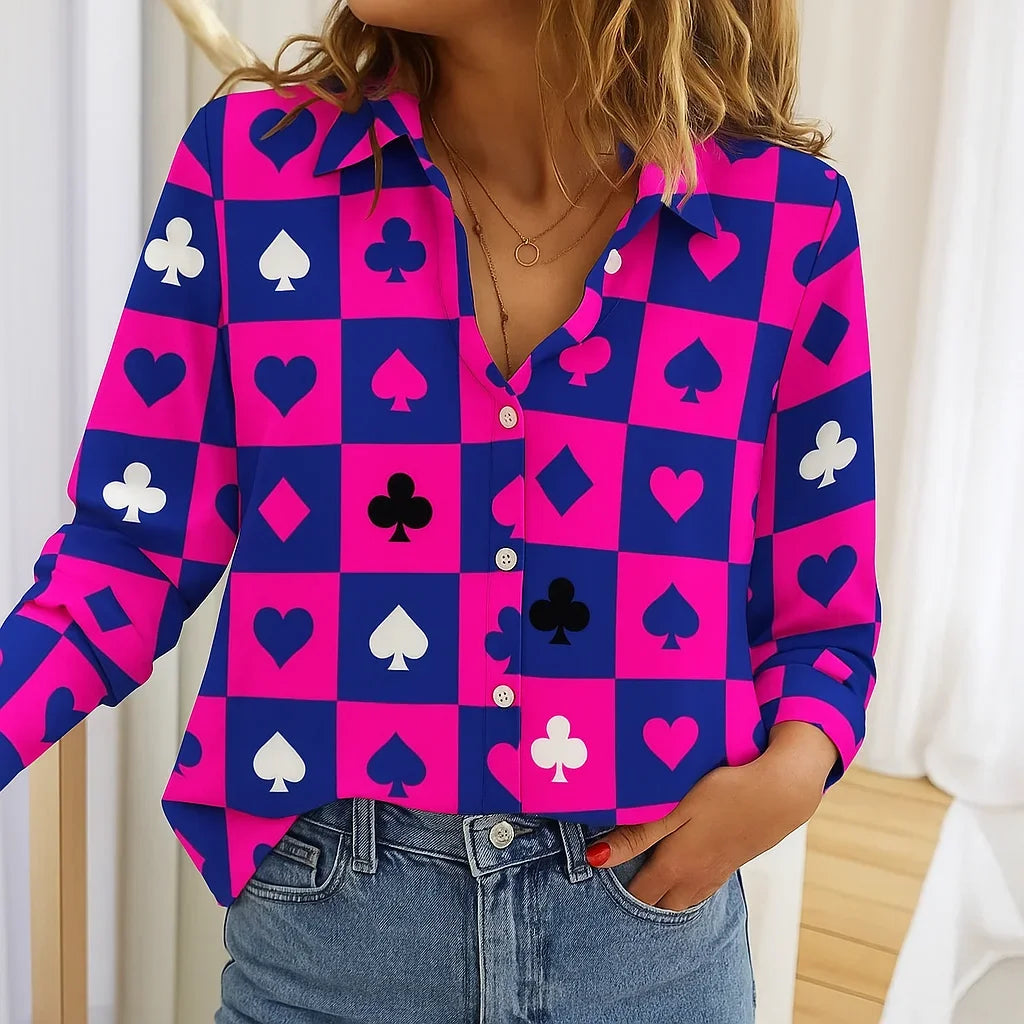 Women Poker Pattern Long Sleeve O-Neck Shirt Fashion New Personalized Blouse Casual Autumn Winter Shirt Female Tops Spring
