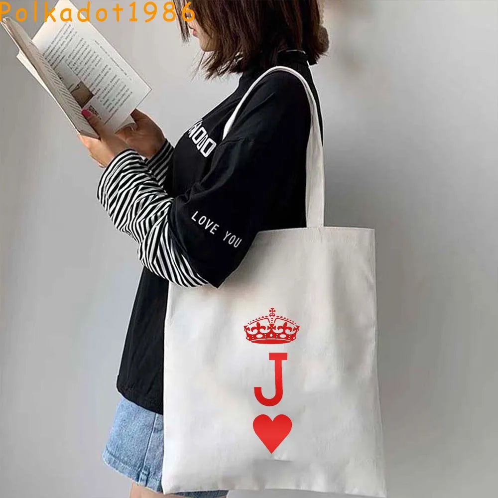 Funny Poker Cartes à Jouer Cute King Queen Jack of Cœur Crowned Toile Tote Sac Pouch Shopper Shoulder Shopping Cotton Sac à Mains