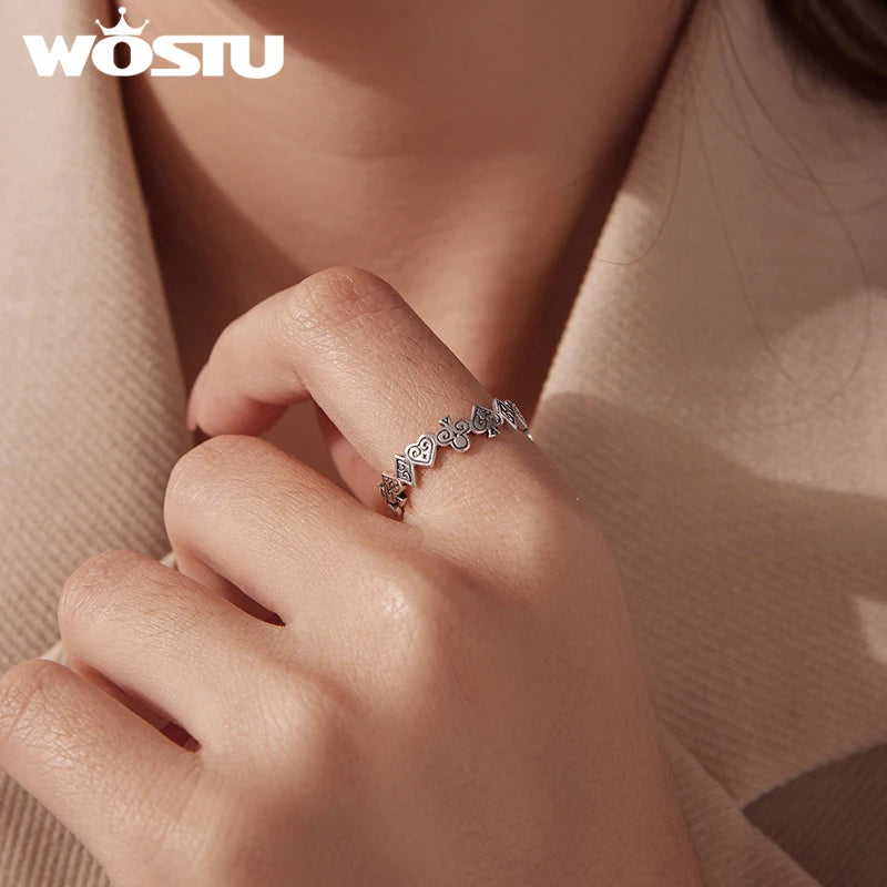 WOSTU Vintage 925 Sterling Silver Poker Card Open bague For Women, Antique Adjustable Stacking Party Rings Fine Gift