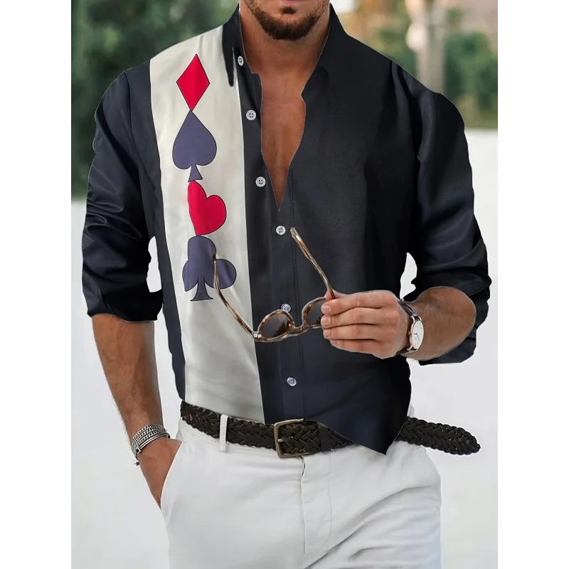 Poker Blocks Pattern Hawaiian Shirts For Men Red Peaches 3D Print Blouse Casual Loose Aloha Shirts Long Sleeve Lapel Button Tops