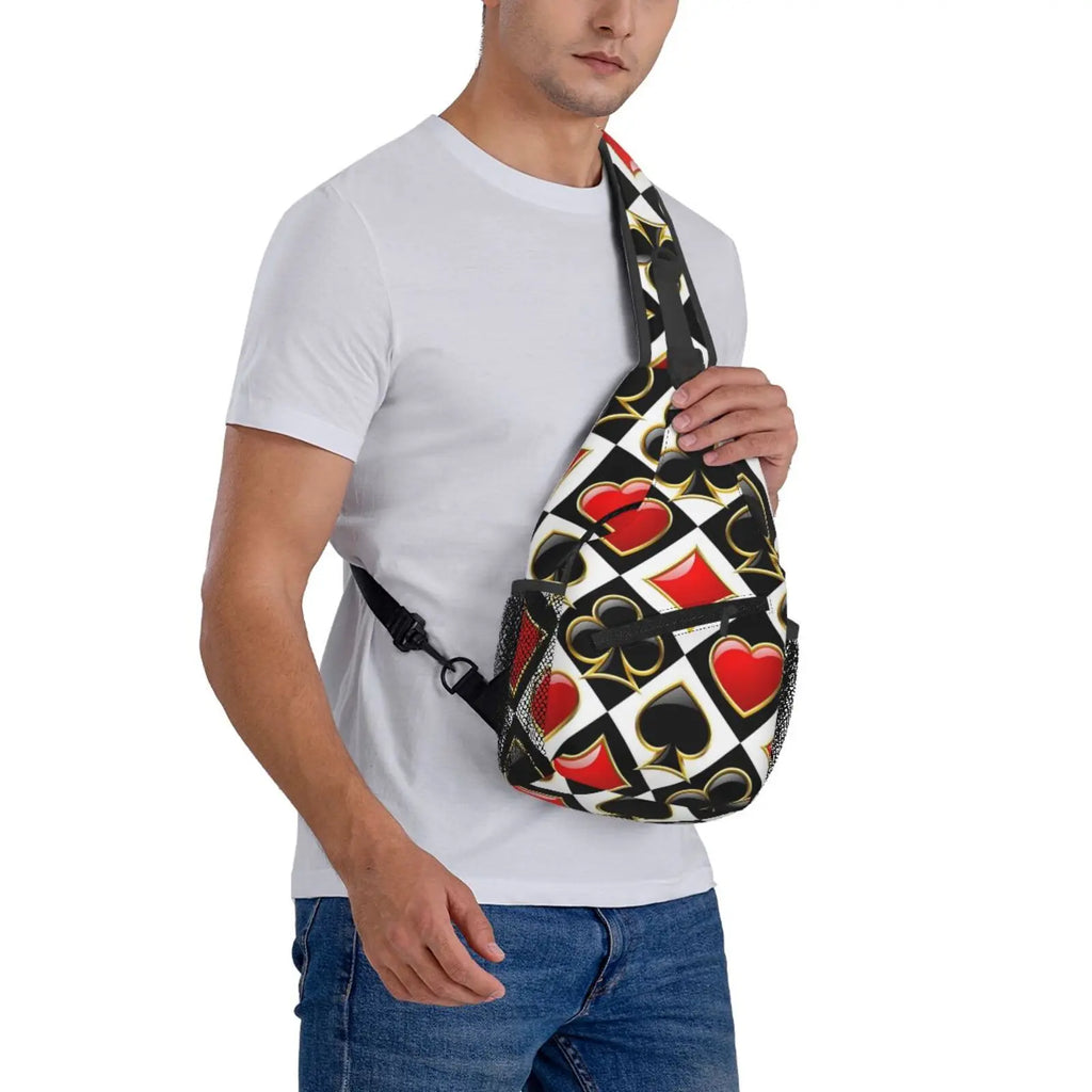 Golden Alice in Wonderland Poker Red Black Print Sling Chest Crossbody Bag Men Casual Shoulder Backpack for Travel Cycling