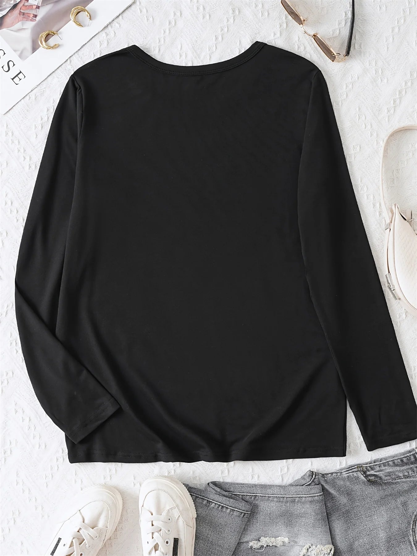 100% pure cotton women's spring and autumn comfortable casual long sleeved poker card Q queen pattern printed round neck T-shirt