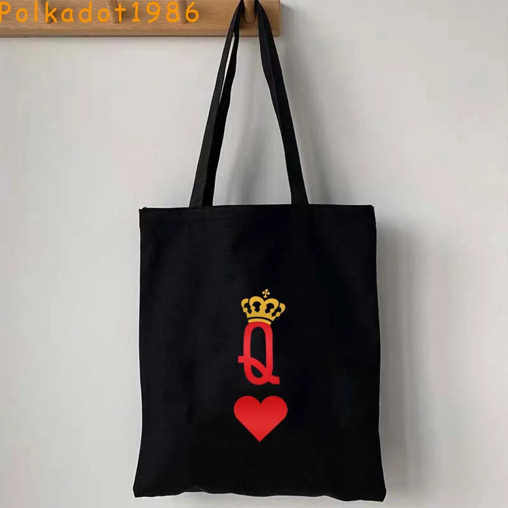 Funny Poker Cartes à Jouer Cute King Queen Jack of Cœur Crowned Toile Tote Sac Pouch Shopper Shoulder Shopping Cotton Sac à Mains