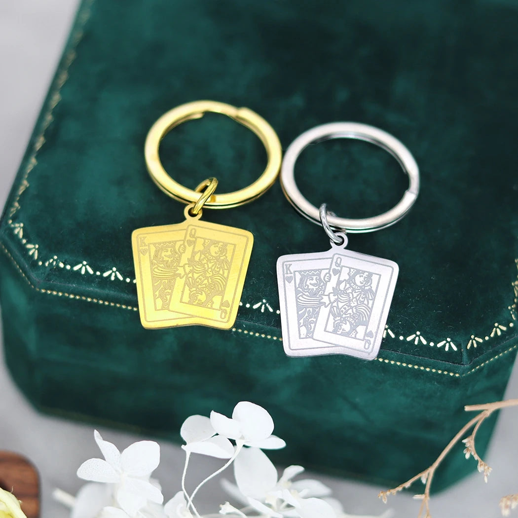 Red Heart King and Queen Playing Card Stainless Steel Custom ID Phone Tag Key Chain Men's Jewelry Hip Hop Punk Key Chain Pendant