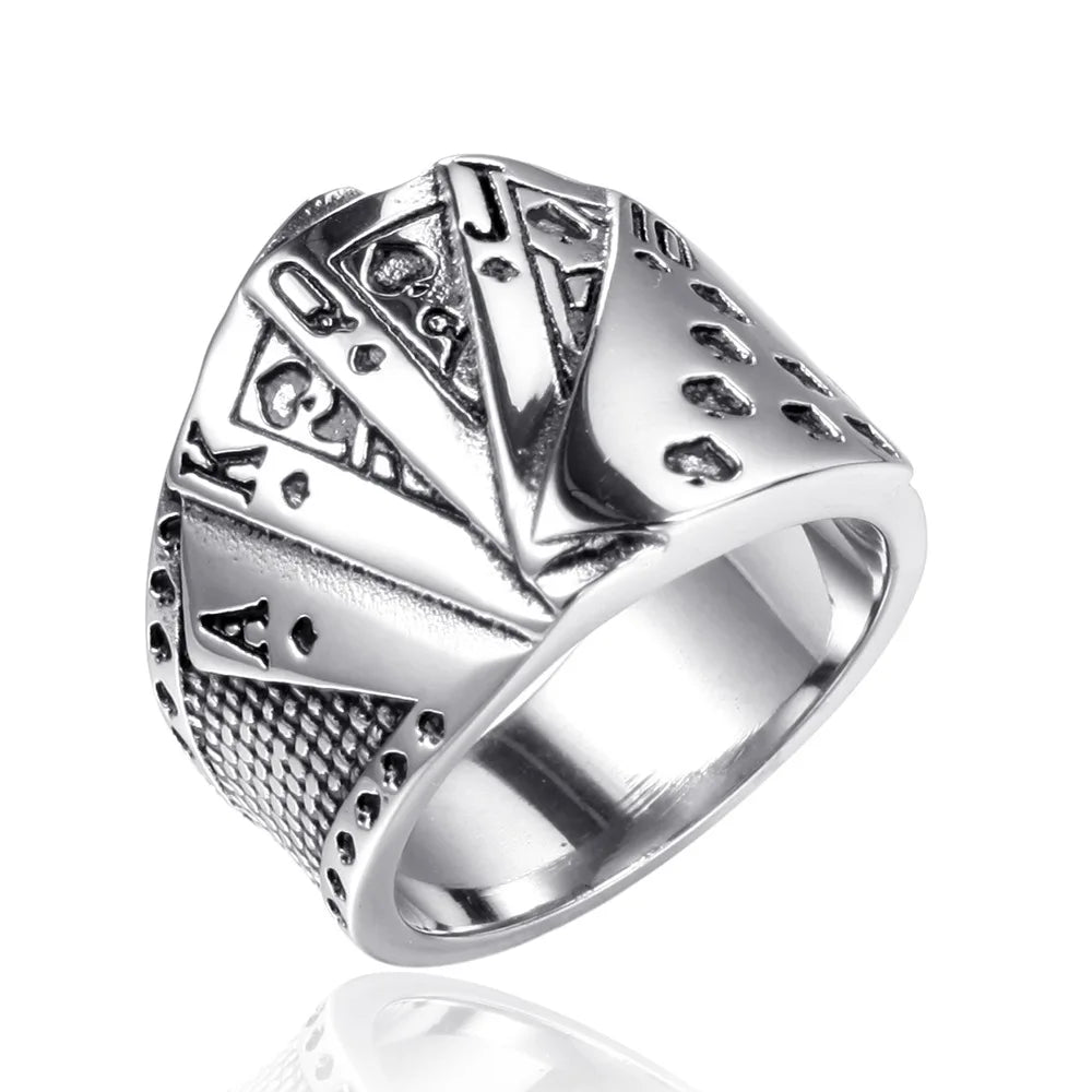 Lucky Poker Flush Ring Men Women Gold/Silver Color Stainless Steel Punk Biker Ring Hip Hop Playing Card Ring Magician Jewelry