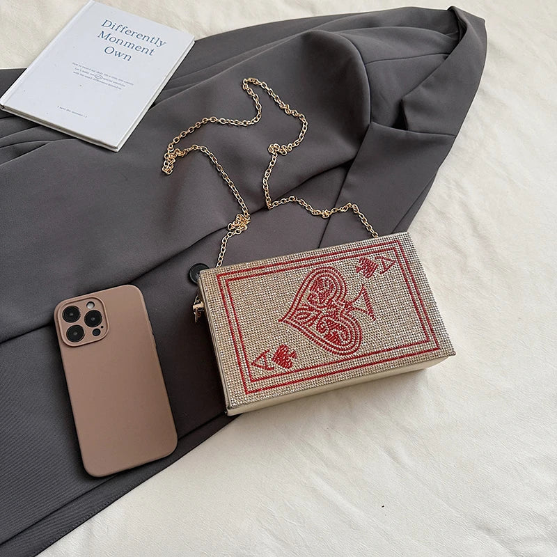 Sac à Main Pochette Femme Strass Poker Cœur — Chaîne Dorée Bandoulière Soirée
