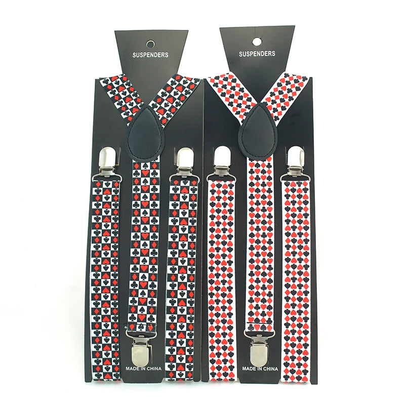 Unisex Playing Card Poker Design Suspender Braces Clip-on Elastic Y-back Suspenders Bowtie for Men Women Trousers Pants Holder