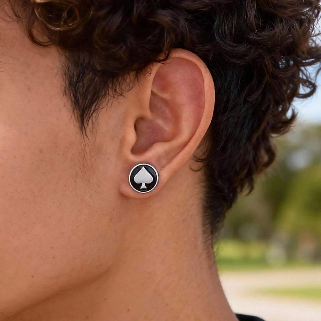 Vnox Stainless Steel Black Spade Stud Earrings for Men Women, Small Round Piercing Ear Jewelry, Poker Card Theme Ear Studs Gifts