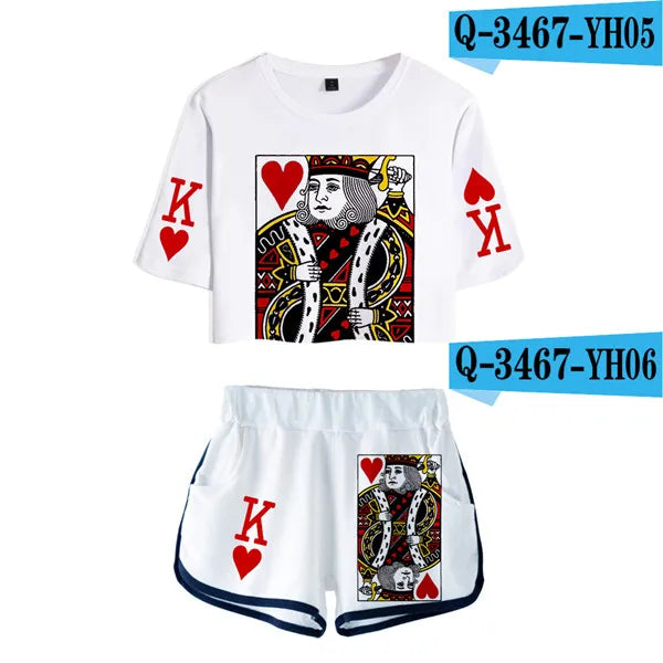 Playing Cards Poker K Q t-shirts shorts girls sexy sport suit tracksuit shirts outfit KING QUEEN two piece set women tops shorts