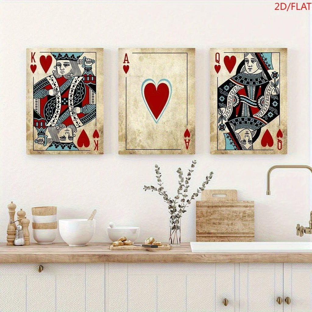 2D Flat, 3pcs Retro Poker Toile Art Impressions - King, As of Pique & Queen of Cœur avec Intricate Designs, Suitable pour Offi
