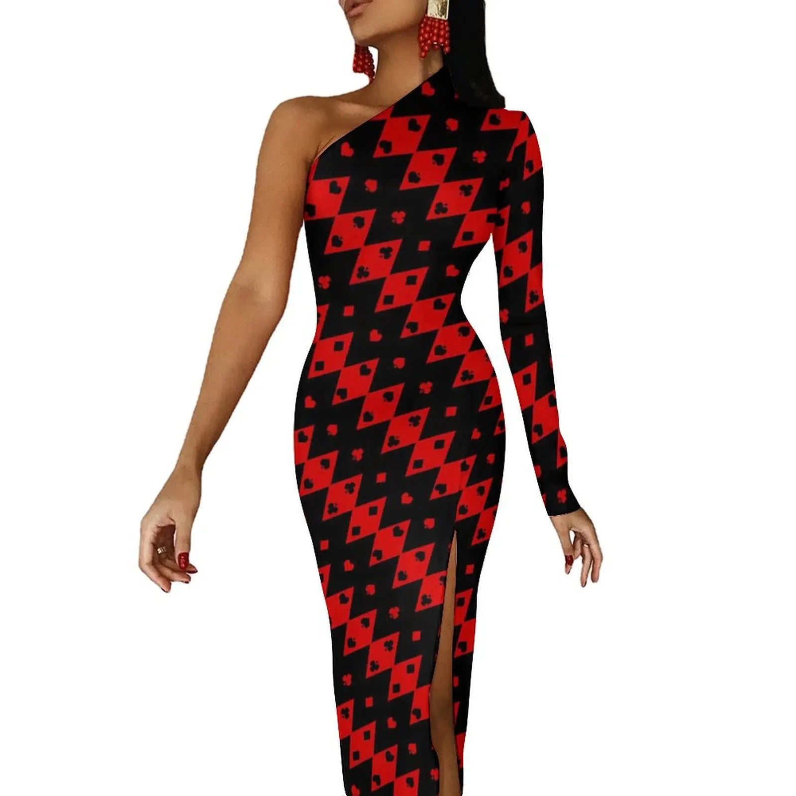 Casino Playing Cards Maxi Dress Long Sleeve Hearts Crosses Print Sexy Bodycon Dress Autumn Party Long Dresses Pattern Clothing