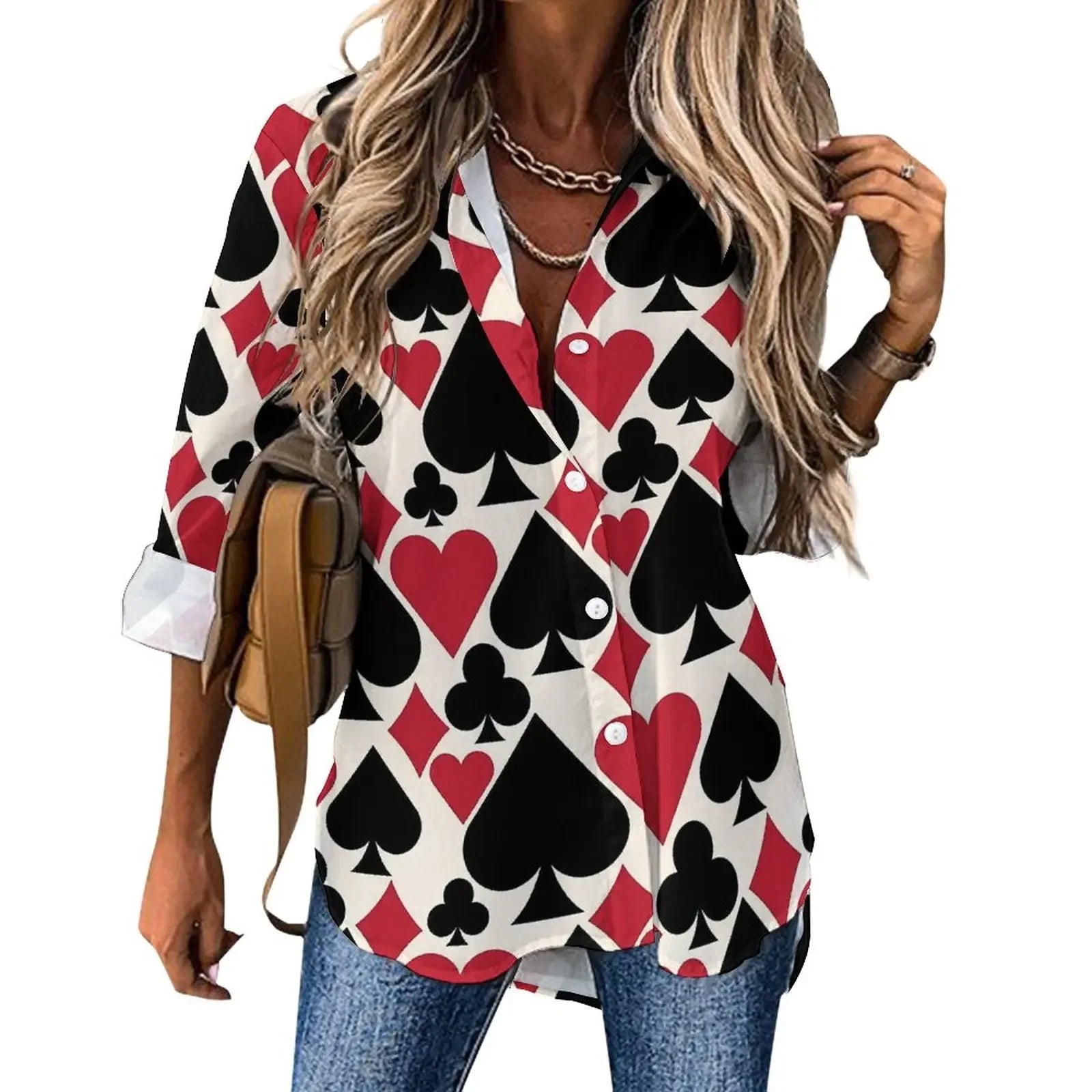 Poker Cards Loose Blouse Playing Cards Street Fashion Spring Autumn Blouses Womens Long-Sleeve Vintage Shirt Spring Graphic Tops