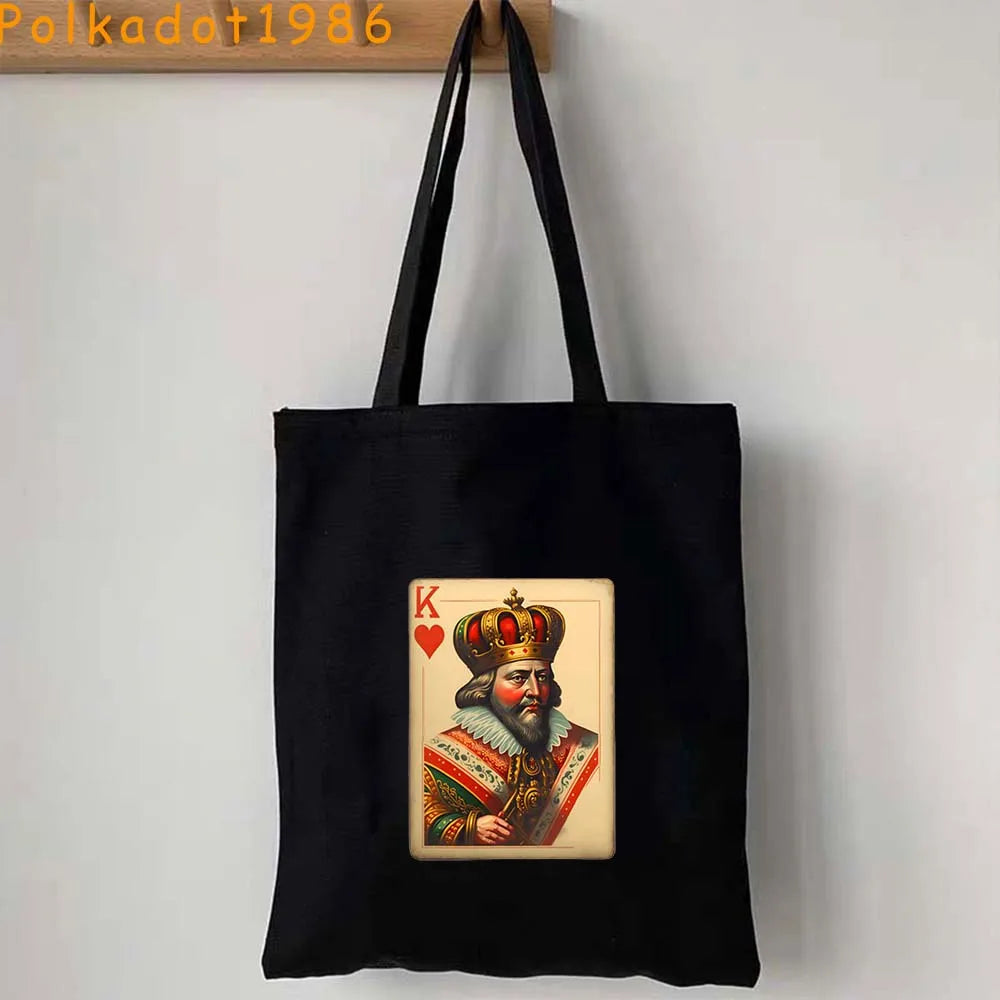 Funny Poker Cartes à Jouer Cute King Queen Jack of Cœur Crowned Toile Tote Sac Pouch Shopper Shoulder Shopping Cotton Sac à Mains