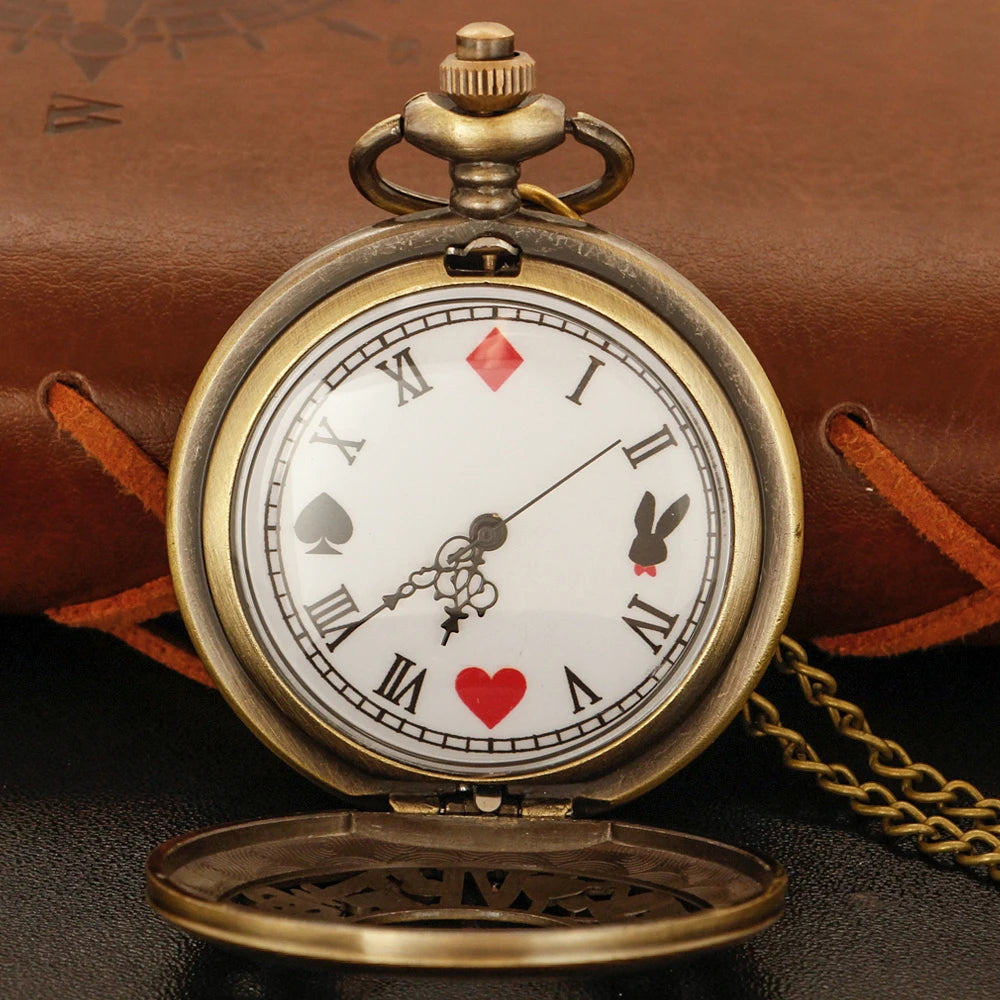 Bronze Fairy Tale Alice Poker Rabbit Hollow Characteristic Quartz Pocket Watch Retro Men's and Women's Necklace Pendant Gift