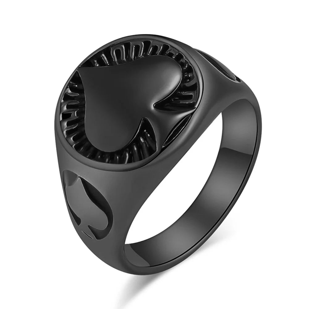 Vintage Men's Titanium Steel Ring Round Spades Poker Ace Of Spades Stainless Steel Ring
