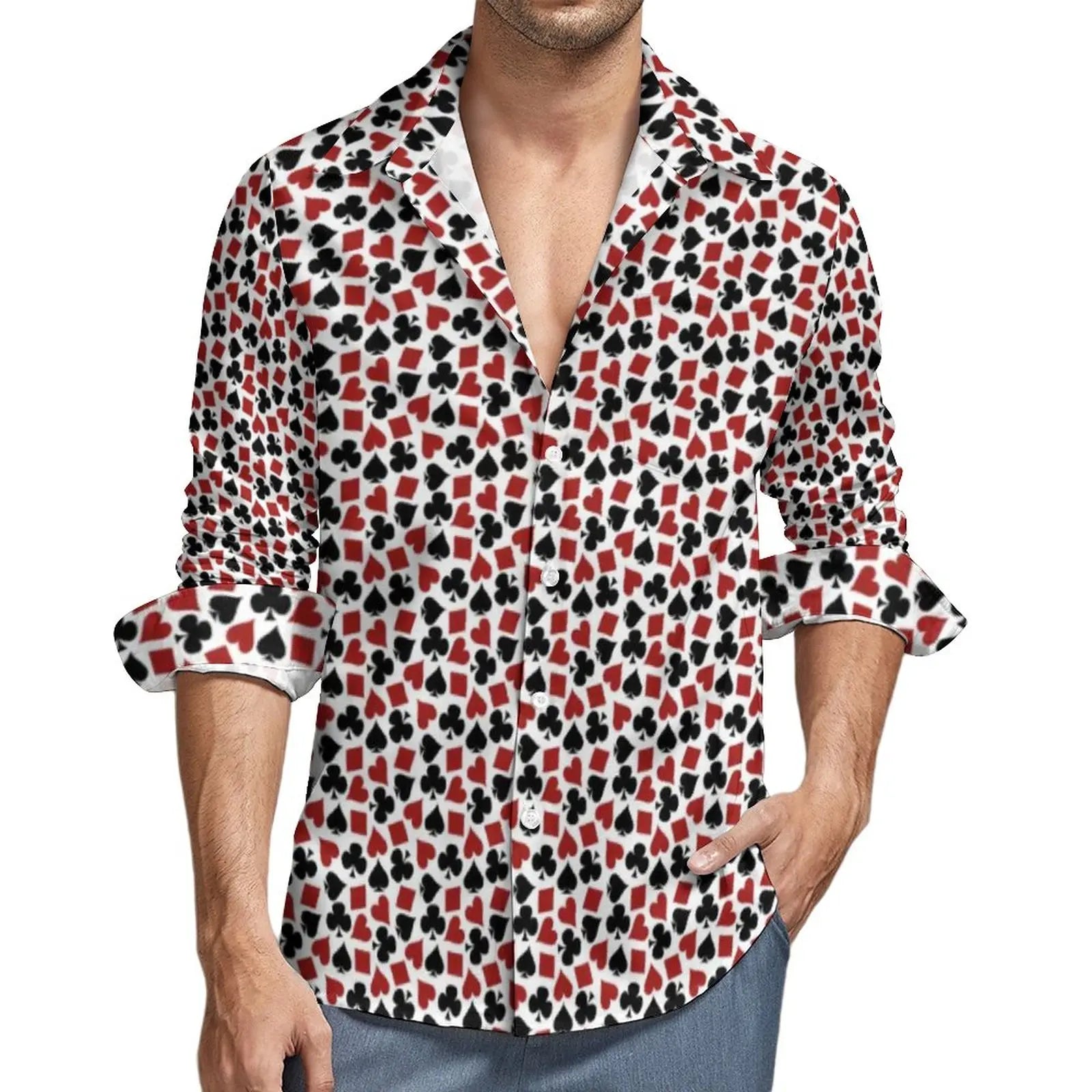 Poker Symbols Casual Shirts Male Playing Card Suits Shirt Long Sleeve Trending Funny Blouses Spring Graphic Clothing Plus Size