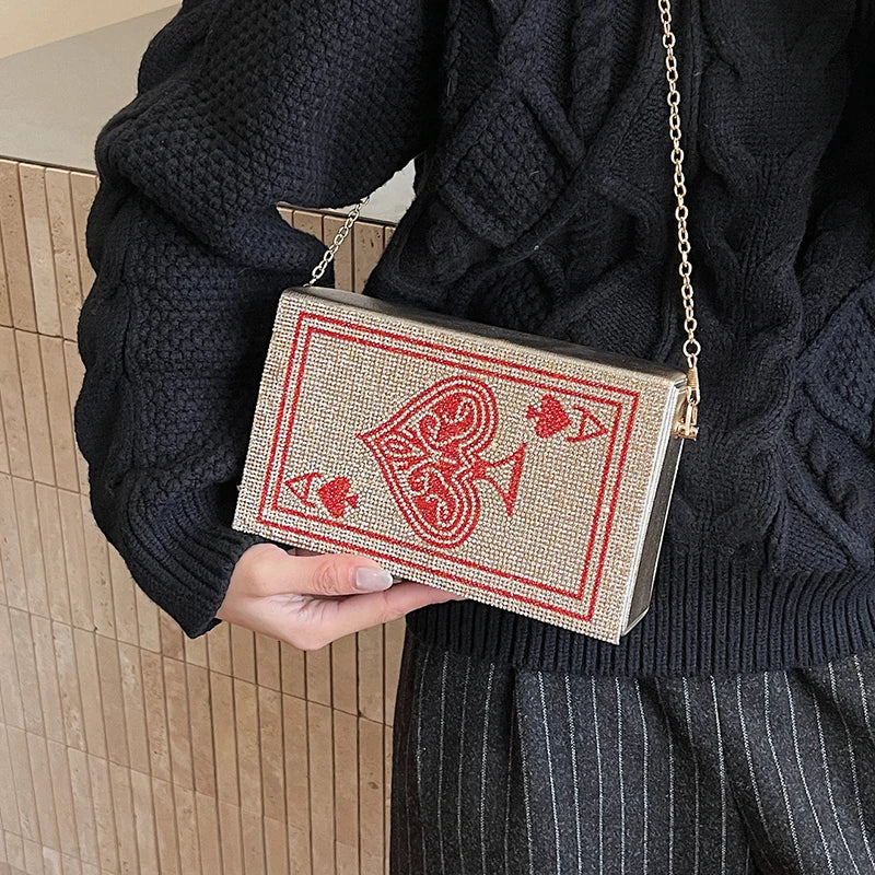 Sac à Main Pochette Femme Strass Poker Cœur — Chaîne Dorée Bandoulière Soirée