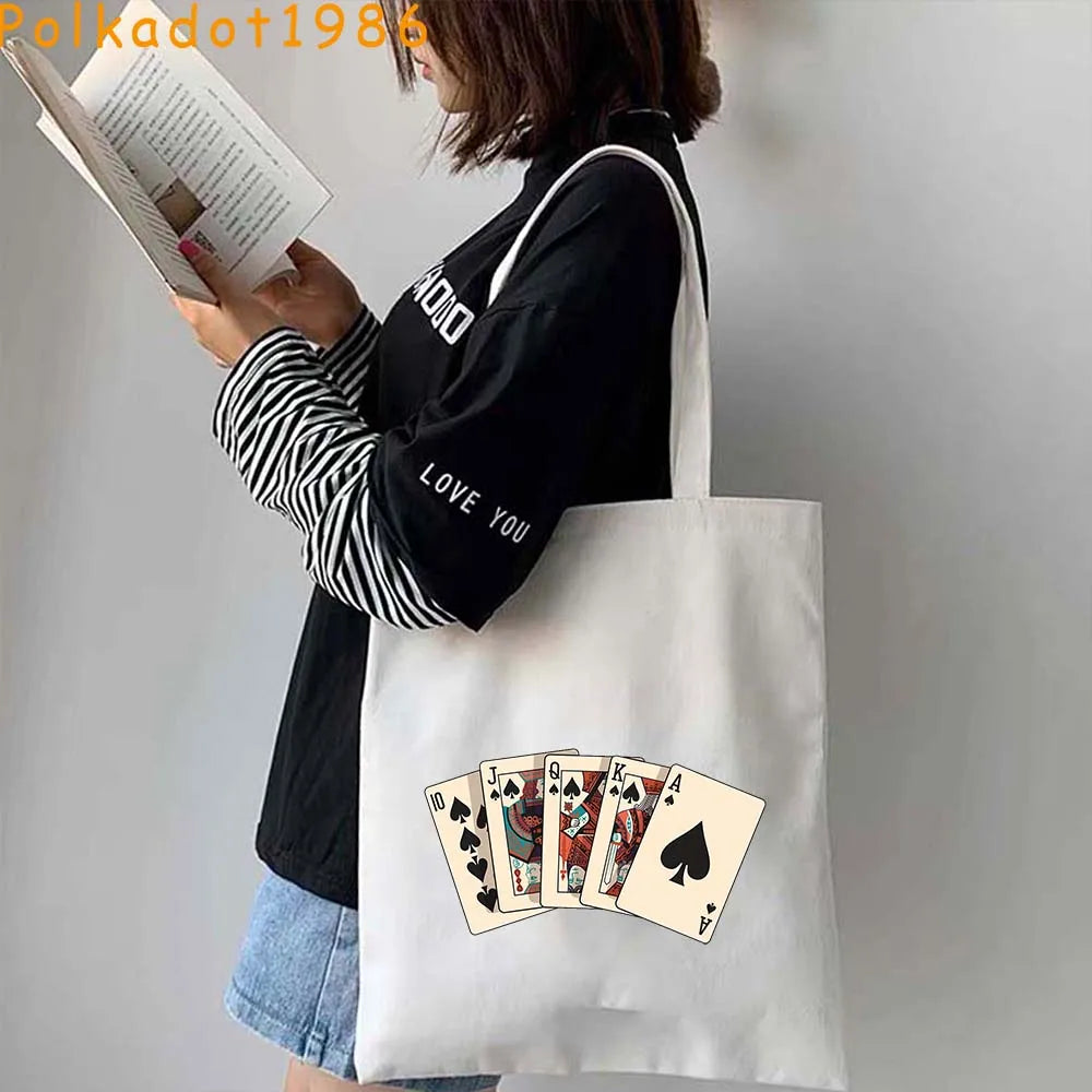 Funny Poker Cartes à Jouer Cute King Queen Jack of Cœur Crowned Toile Tote Sac Pouch Shopper Shoulder Shopping Cotton Sac à Mains