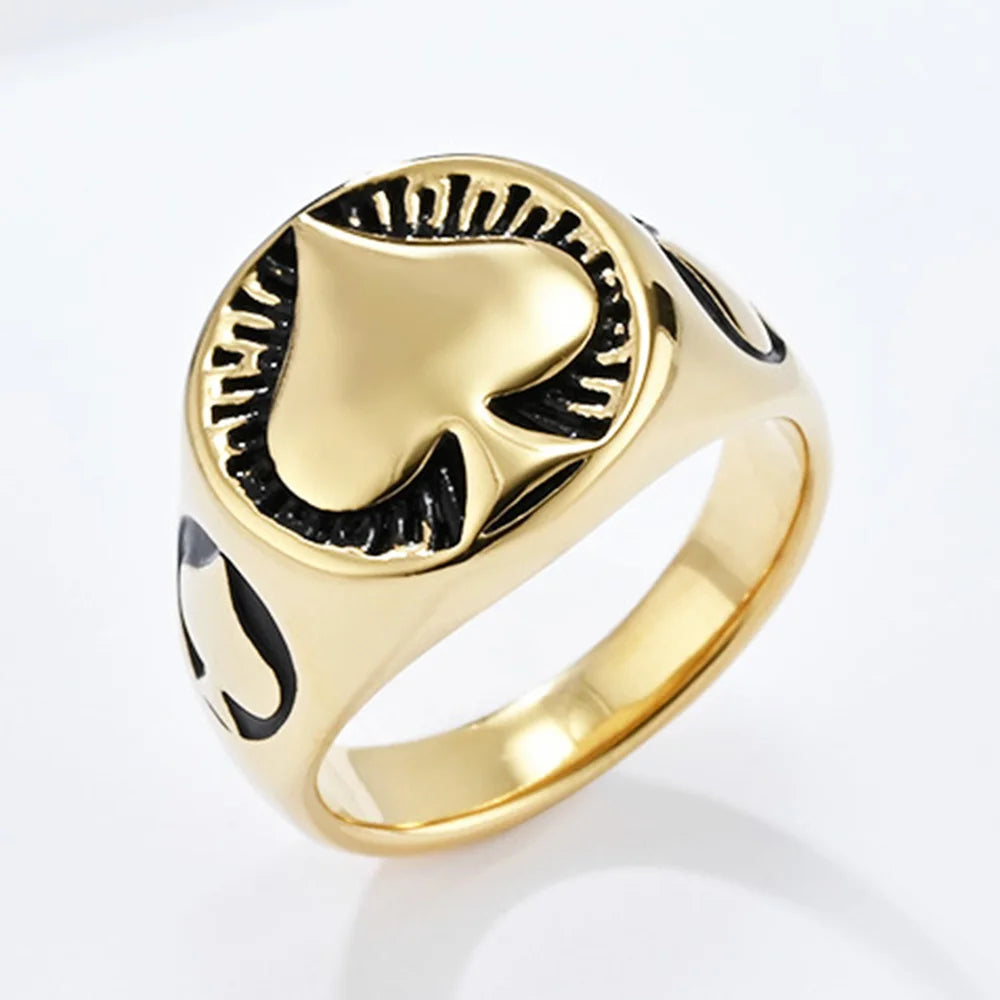 Vintage Men's Titanium Steel Ring Round Spades Poker Ace Of Spades Stainless Steel Ring