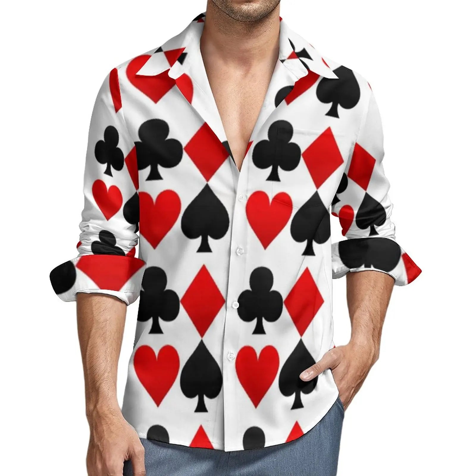 Poker Symbols Casual Shirts Male Playing Card Suits Shirt Long Sleeve Trending Funny Blouses Spring Graphic Clothing Plus Size
