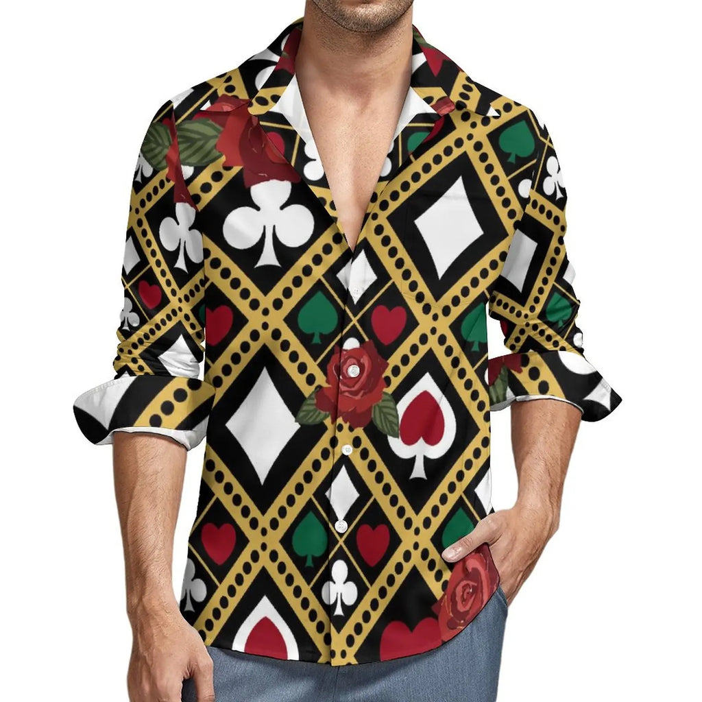 Poker Symbols Casual Shirts Male Playing Card Suits Shirt Long Sleeve Trending Funny Blouses Spring Graphic Clothing Plus Size