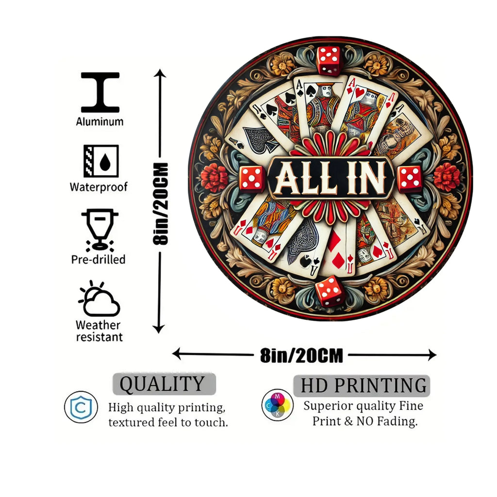[2D Flat] 8" Round Aluminium Panneau avec "All In" Guirlande Design - Vibrant Poker & Dice Theme, Perfect pour Home, Bar, Cafe,