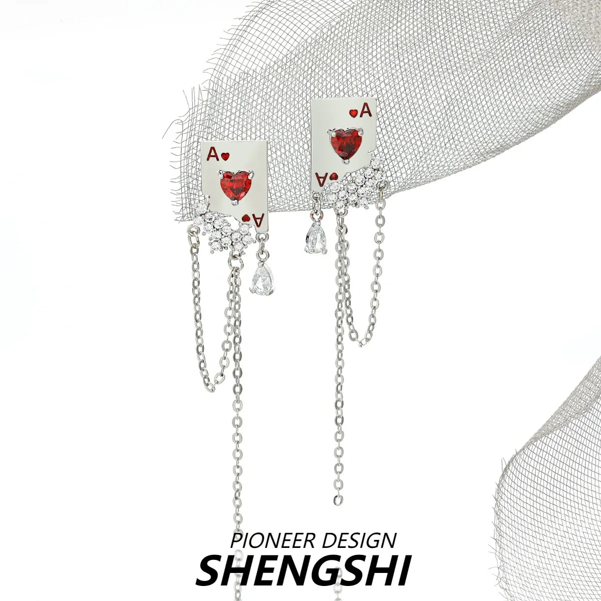 Poker tassels Earrings for Female Red Peach A Pendants Earring Rhinestones Ear Studs Fashion Stud Earrings Girl Jewelry Gift