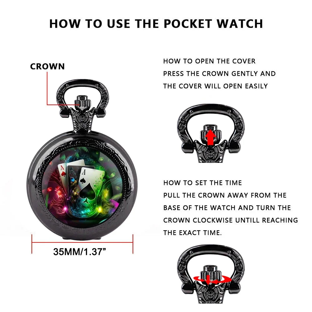 Exquisite Magic Poker Glass Dome Quartz Pocket Watch with Chain Arabic Numeral Dial Women Necklace Pendant Gifts Man Watches