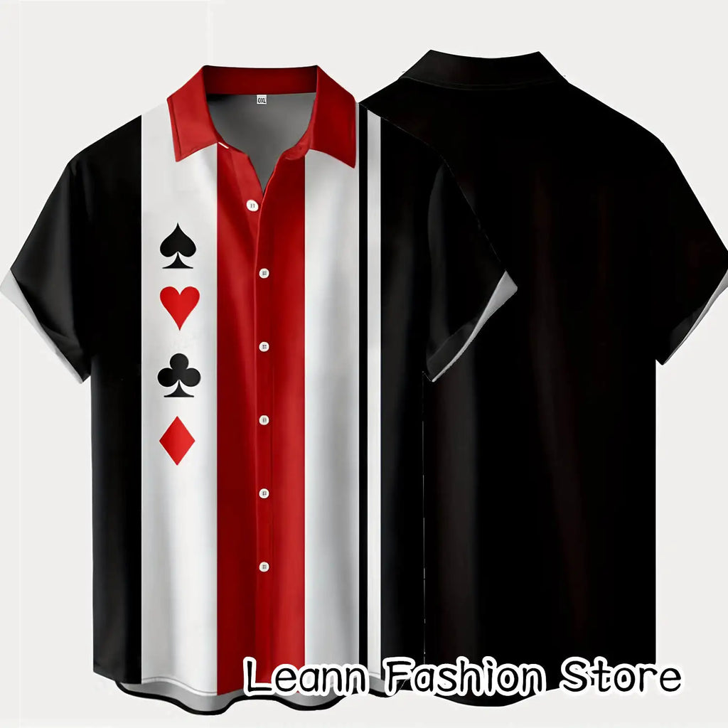 Men Summer Poker Symbol Stripe Print Shirt Casual Beach Short Sleeve Clothing Male Button Lapel Collar Shirt Fashion Leisurewear