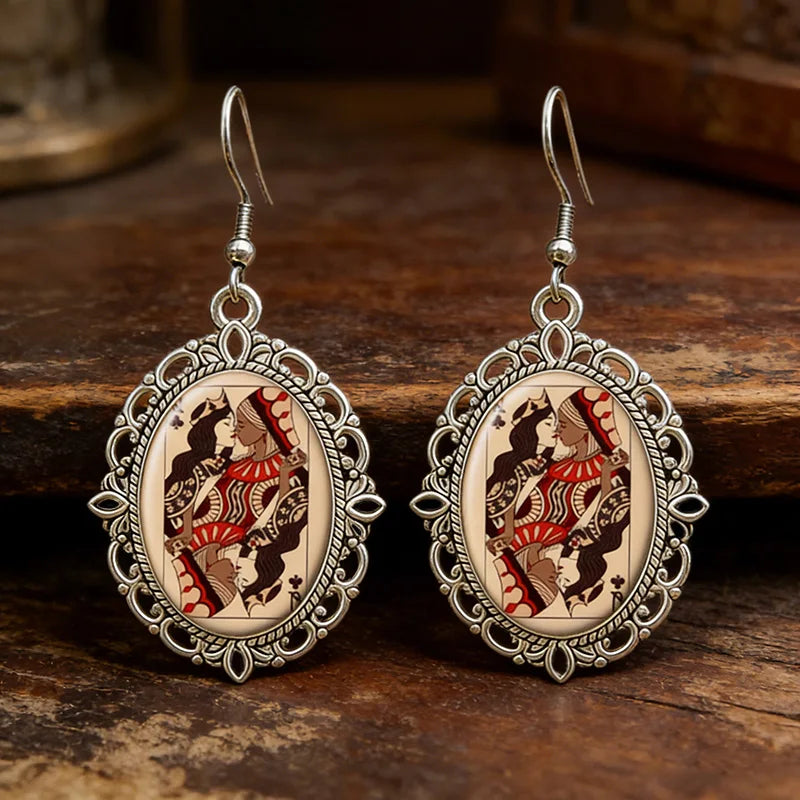 Vintage Playing Card Queen Of Hearts Earrings Retro Gothic Poker Glass Drop Earrings For Women Jewelry
