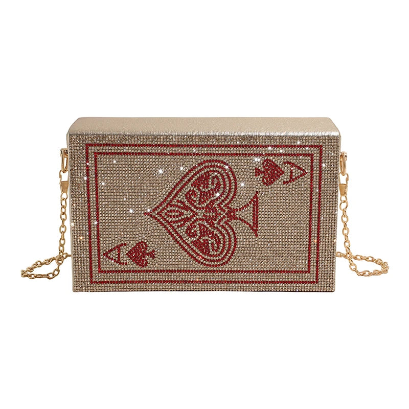 Sac à Main Pochette Femme Strass Poker Cœur — Chaîne Dorée Bandoulière Soirée