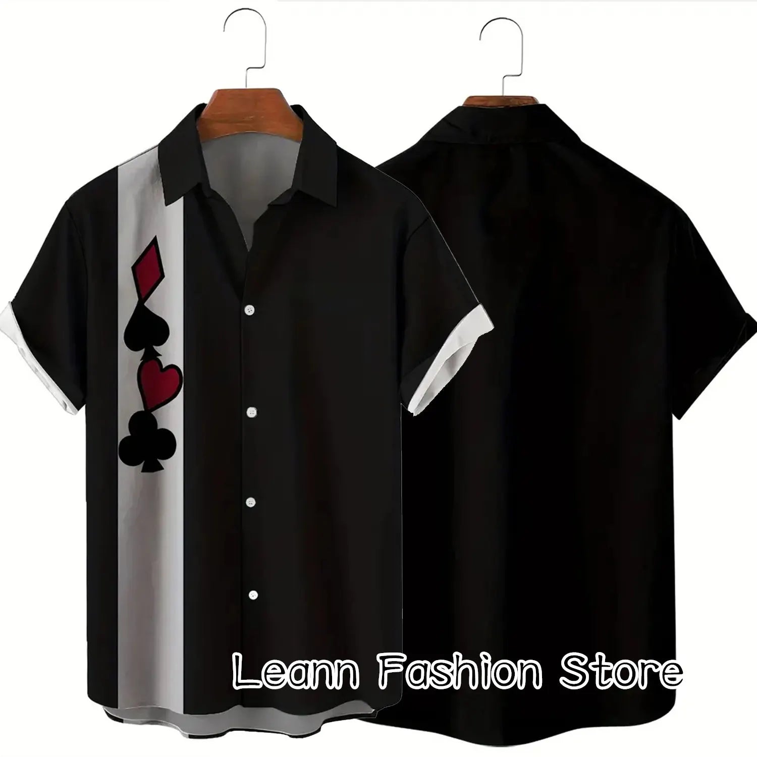 Men Summer Poker Symbol Stripe Print Shirt Casual Beach Short Sleeve Clothing Male Button Lapel Collar Shirt Fashion Leisurewear