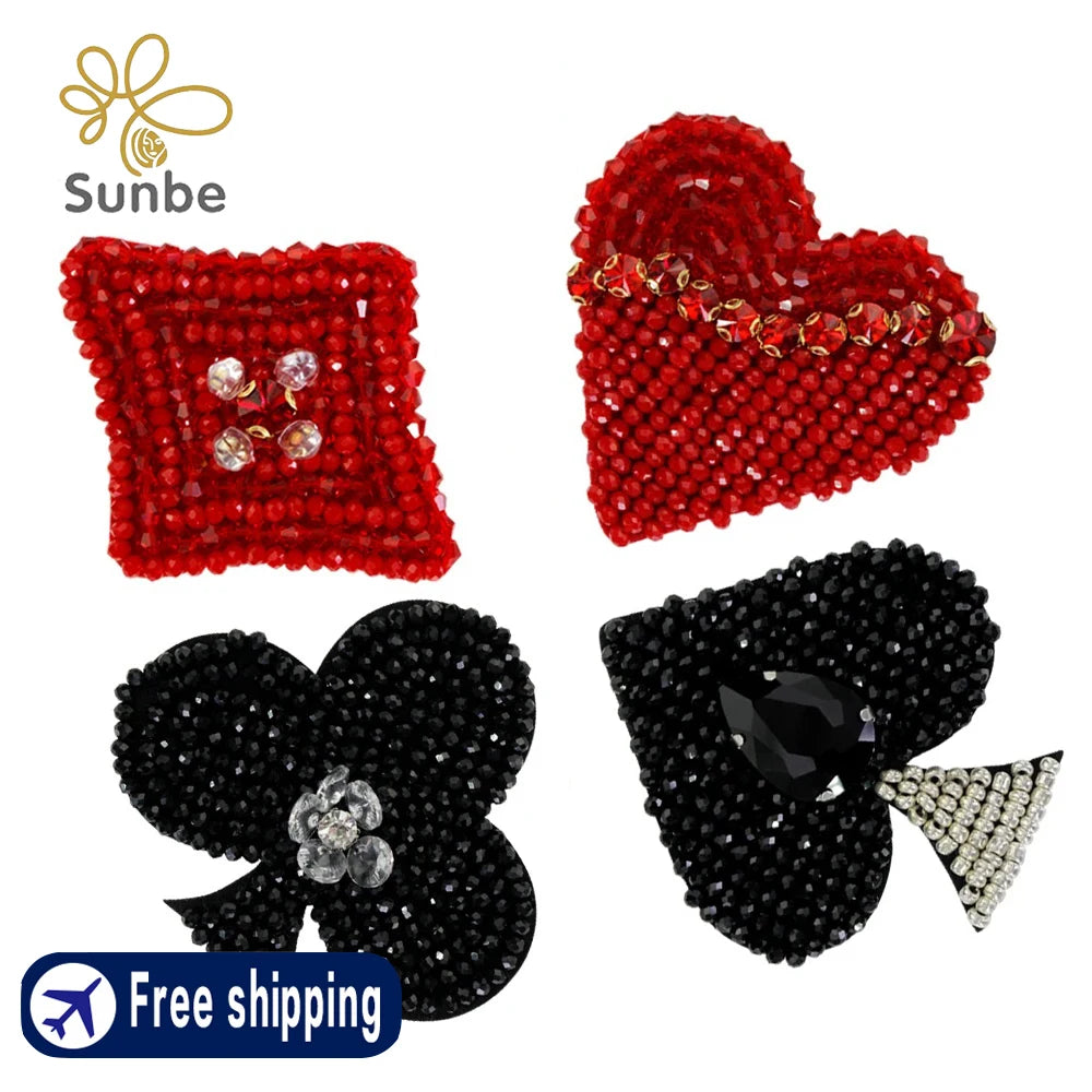 Handwork Bead Heart Patches Flower Poker Logo Badges Crystal Clothes Decorative Patches Sew on Patches BroochesJewelry