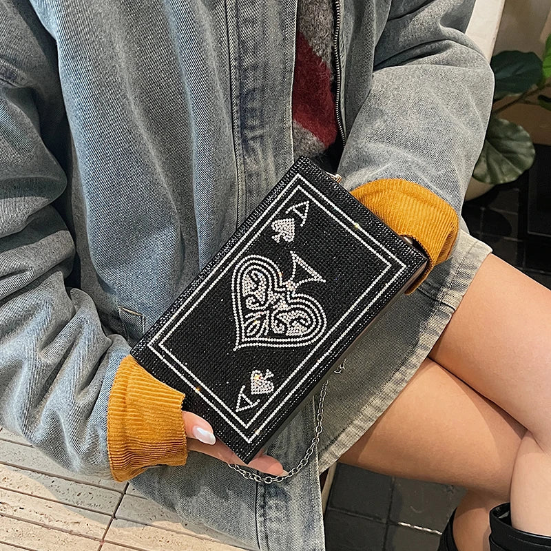 Sac à Main Pochette Femme Strass Poker Cœur — Chaîne Dorée Bandoulière Soirée
