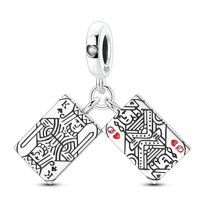 Original 925 Sterling Silver Charm Bead K&Q King and Queen Poker Pendant Fit Original Bracelets Necklace DIY Accessories Gift