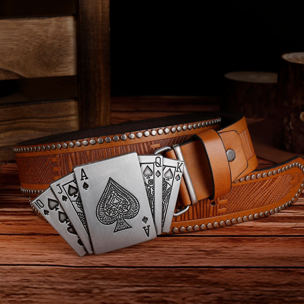 Pique Mode Unique Double layer Cowhide Brown Handmade Leather Western Cowboy Style Ceinture, Essential Cadeau pour Cadeaux