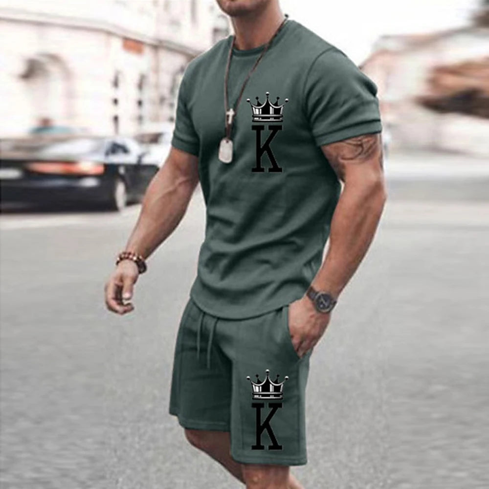 2025 Summer New Men's Summer Leisure Sports Running Set Loose Men's Refreshing Top Y2K Style 3D Poker King Fashion shirt Set Lightweight
