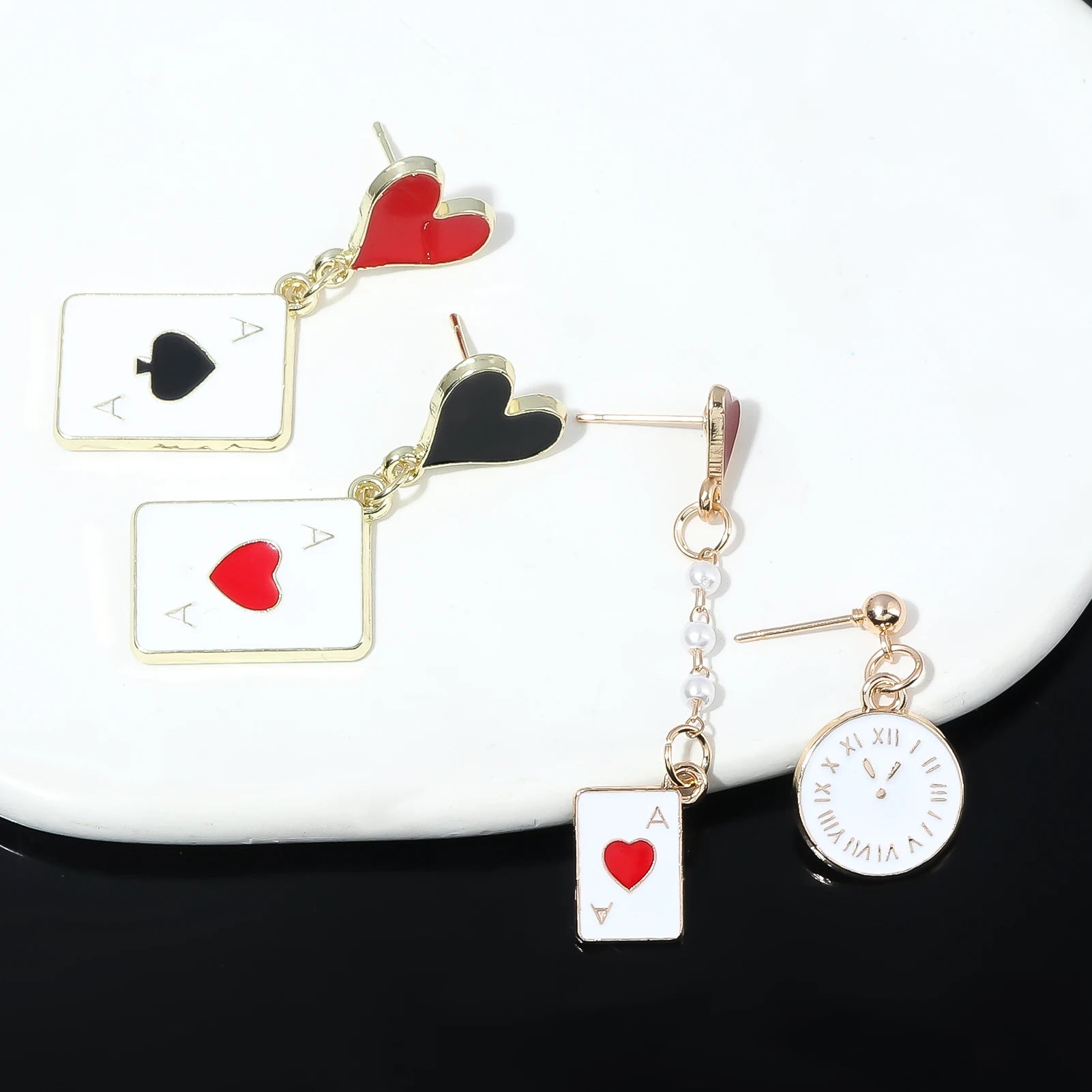 Alice In Wonderland Playing Card Earrings Women Funny Clock Poker Card Drop Earrings Hearts And Spades Playing Cards Earrings