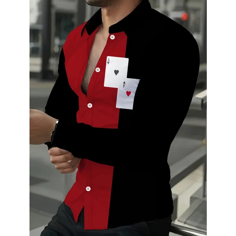 Poker Blocks Pattern Hawaiian Shirts For Men Red Peaches 3D Print Blouse Casual Loose Aloha Shirts Long Sleeve Lapel Button Tops