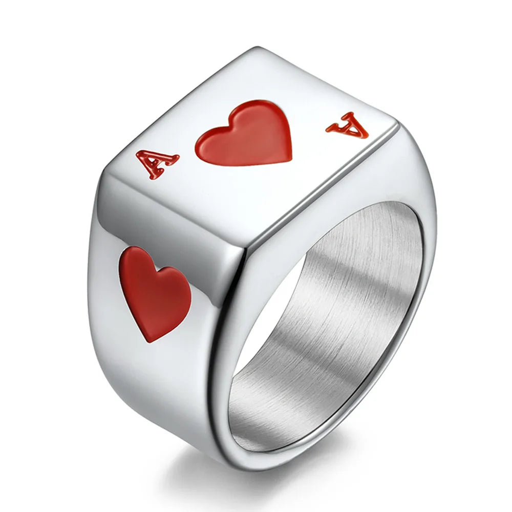Poker Ring Men Spade Rings Stainless Steel Jewelry Lucky Ring with Black Ace of Spades Poker Card