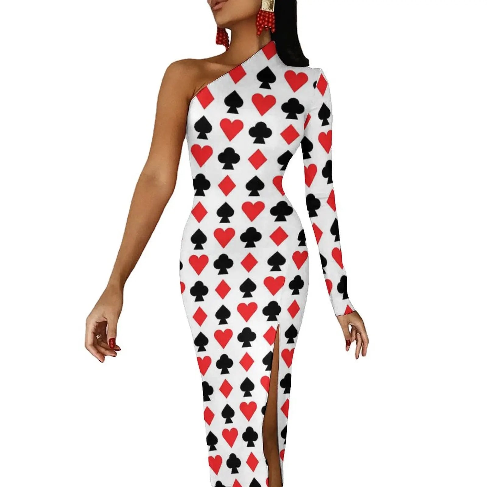 Casino Playing Cards Maxi Dress Long Sleeve Hearts Crosses Print Sexy Bodycon Dress Autumn Party Long Dresses Pattern Clothing