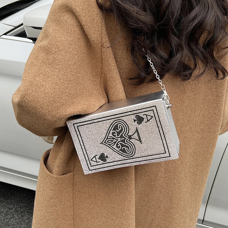Sac à Main Pochette Femme Strass Poker Cœur — Chaîne Dorée Bandoulière Soirée