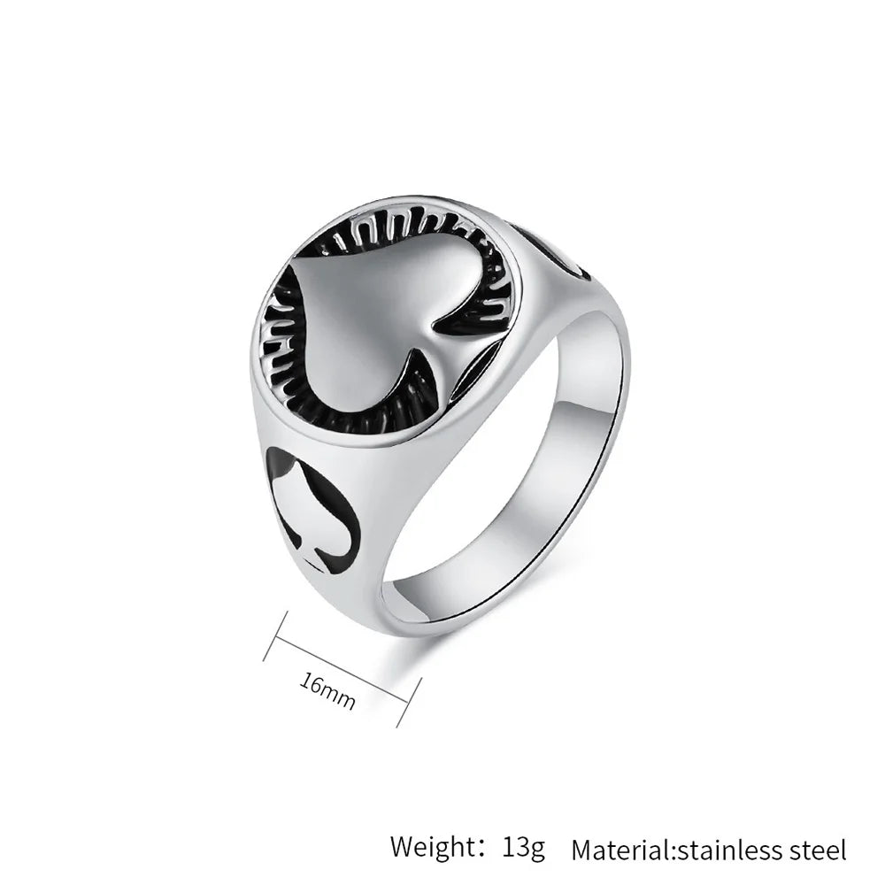 Vintage Men's Titanium Steel Ring Round Spades Poker Ace Of Spades Stainless Steel Ring