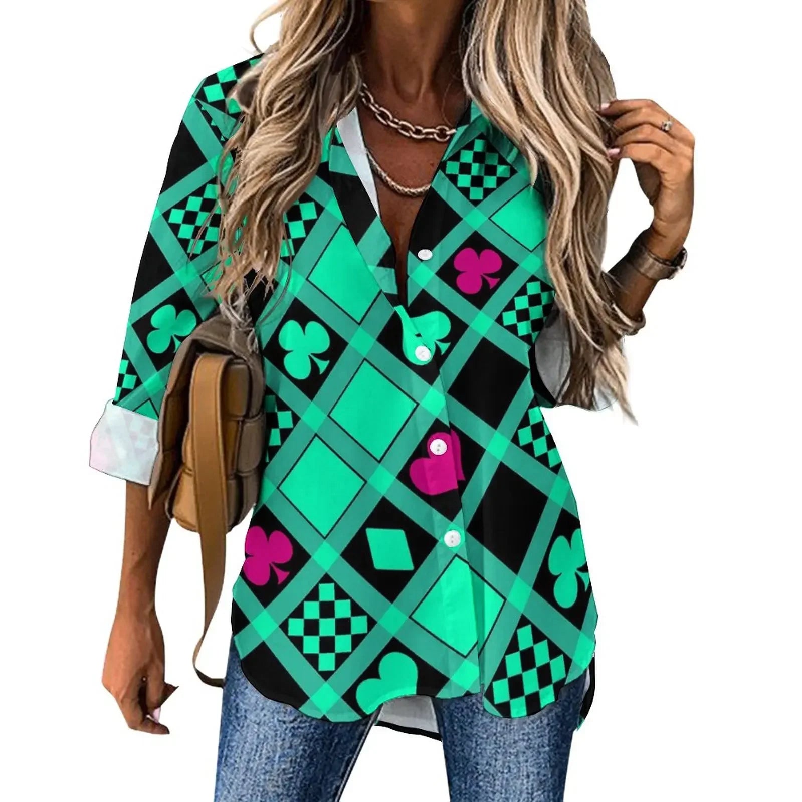 Poker Cards Loose Blouse Playing Cards Street Fashion Spring Autumn Blouses Womens Long-Sleeve Vintage Shirt Spring Graphic Tops