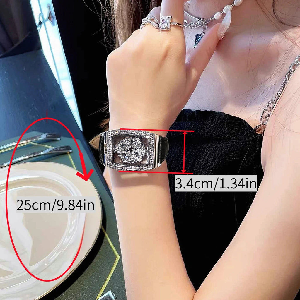 1pc Fashionable & Elegant Precise Barrel Shaped Dial Ladies Watch, Transparent Caseback Diamond Decoration, Rotating Poker Queen