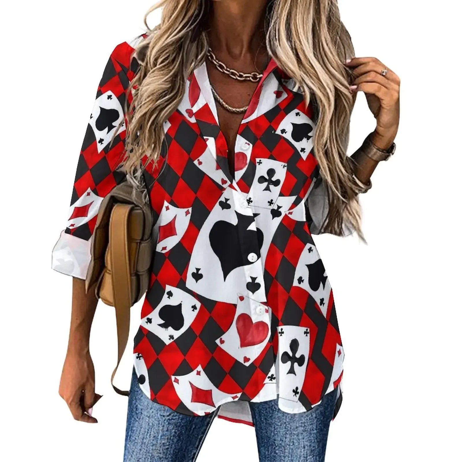 Poker Cards Loose Blouse Playing Cards Street Fashion Spring Autumn Blouses Womens Long-Sleeve Vintage Shirt Spring Graphic Tops