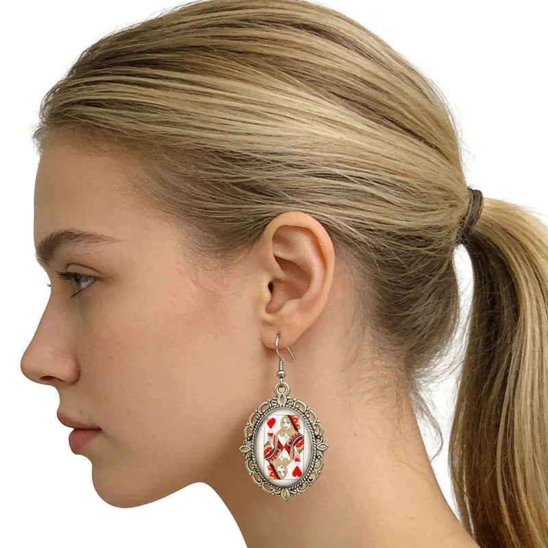 Vintage Playing Card Queen Of Hearts Earrings Retro Gothic Poker Glass Drop Earrings For Women Jewelry