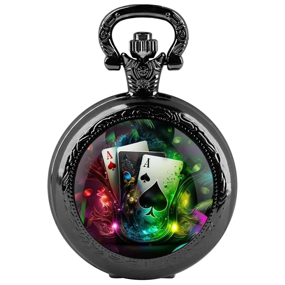 Exquisite Magic Poker Glass Dome Quartz Pocket Watch with Chain Arabic Numeral Dial Women Necklace Pendant Gifts Man Watches