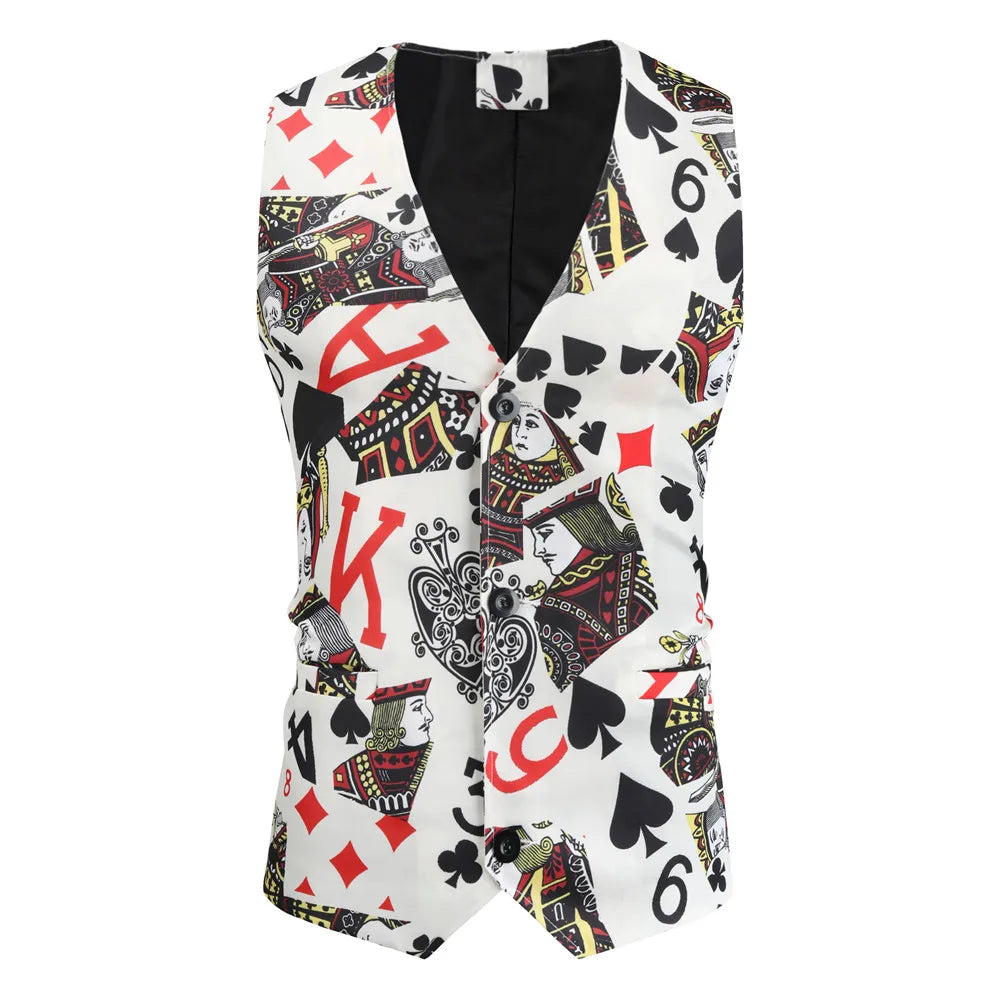 Sleeveless Playing Cards Printed Chalecos Para Hombre Multi Pattern Slim Fit Tuxedo Suit Vest Men Casual V-Neck Waistcoat Jacket